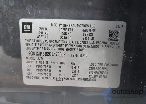 2016 Chevrolet Trax Lt z USA, uszkodzony, nr VIN 3GNCJPSB2GL176652